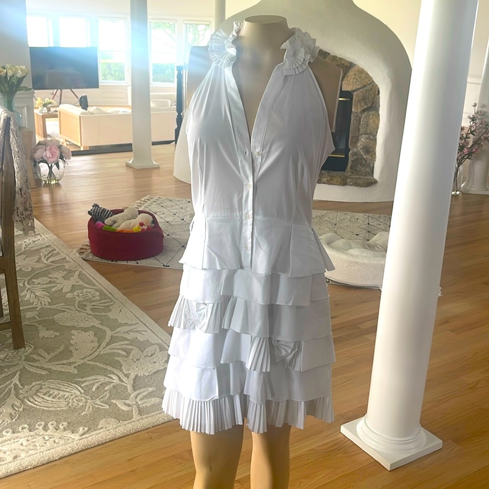 BCBG WHITE COTTON RUFFLED DRESS